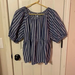 Old Navy Blue and White Striped Puff Sleeve Top Size XL
